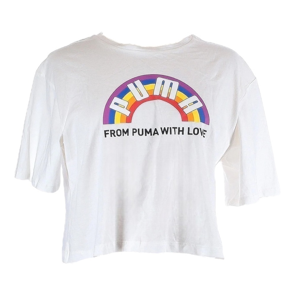 🌺 PUMA Pride Rainbow Graphic Crop Tee White Logo T-Shirt L NWT LGBTQ Cotton Boxy